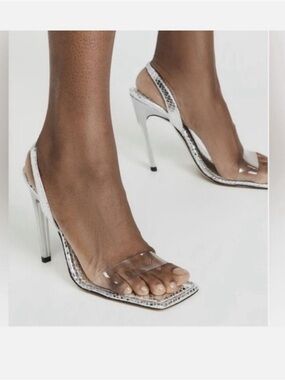 Good American Silver Clear Strap Stiletto Sandals Size 8.5 NIB